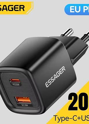20w зарядний пристрій essager з usb і type-c зі швидким заряджанням pd арт. 08259