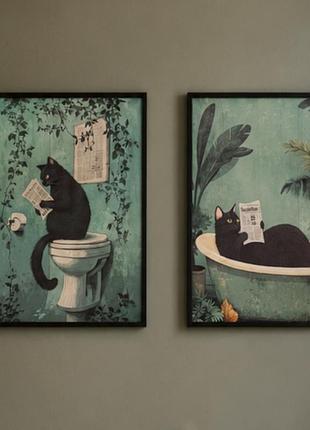 Комплект атмосферных постеров для туалета, ванной, 2 шт, «коты-аристократы» (а4)