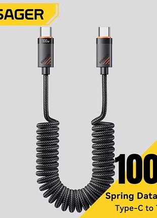 Зарядний кабель essager pd 100 w 5 a usb2.0 480mbps (type-c/type-c) чорний пружинний 1,2 м арт. 09120