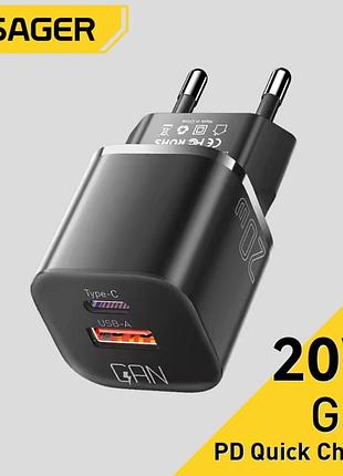 20w зарядний пристрій essager gan з usb і type-c зі швидким заряджанням pd арт. 06970