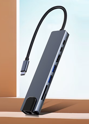Usb-c хаб (мультипортовый адаптер 8-в-1: hdmi, usb-c, usb 3.0, rj45, tf/microsd)