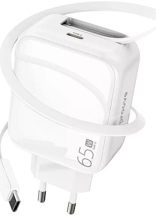 Блок питания proove fixtape gan, 65вт, usb-c, кабель в комплекте, белый