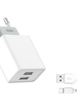 Сетевое зарядное устройство xo l65 белое с двумя usb-a портами 2.4a smart ic и кабелем usb-a × type-c