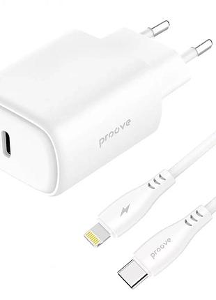 Зарядное устройство для proove silicone power 2, usb-c 20w, кабель type-c-lightning 1 м, белый