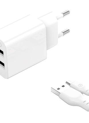 Сетевое зарядное устройство xo l109 с двумя usb-a портами 5v/2.4a с кабелем usb-a – microusb белый