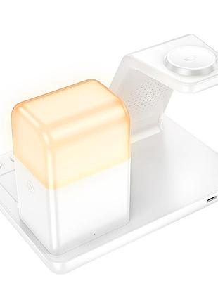 Беспроводная зарядка qi hoco crown 3 в 1 night light wireless fast charger with clock cq9 15вт белый