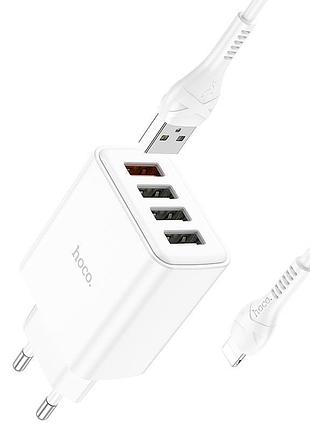 Мережевий зарядний пристрій hoco c102a 4 usb lightning white