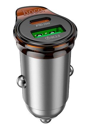 Зарядный адаптер для авто hoco nz16a 43 вт, usb-a+usb-c, поддержка pd/qc, серый металлик
