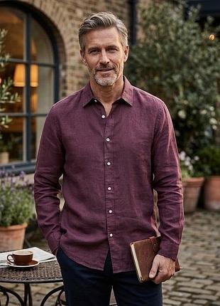 Мужская бордовая льняная рубашка marks &amp; spencer pure linen р. m