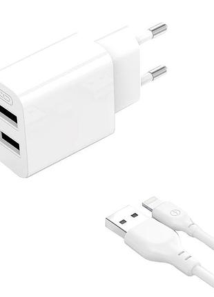 Мережевий зарядний пристрій xo l109 з двома usb-a портами 5v/2.4a з кабелем usb-a – lightning білий