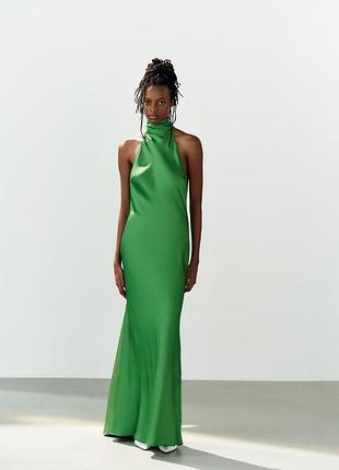 Сукня атласна довга із зав'язками зелена zara new