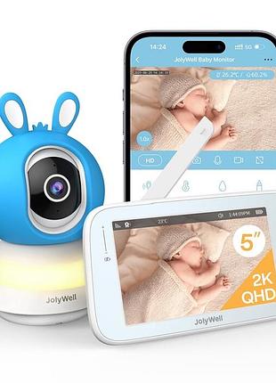 Відеоняня jolywell з камерою та додатком, 5" монітор ips, ultra-hd нічна зйомка, датчик руху/плачу, термометр, нічник, колискові - блакитний