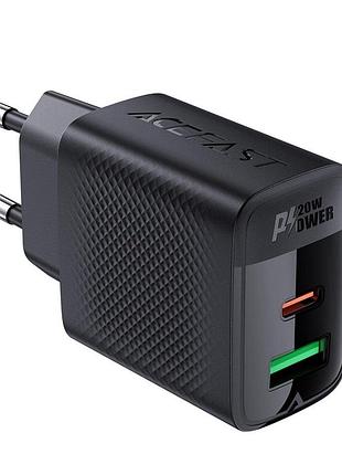 Сетевой адаптер acefast a78 20w gan pd fast charging блок питания, 2 порта (usb-c+usb-a), black