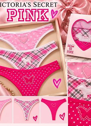 Трусики жіночі victoria's secret pink, набір 3 шт., рожеві з принтом