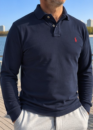 Мужское поло polo ralph lauren custom fit m 48 темно-синее с длинным рукавом