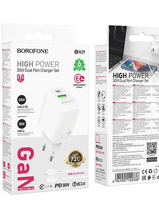 Сетевое зарядное устройство borofone bn29 fuente gan pd30w+qc3.0 type-c to lightning белое
