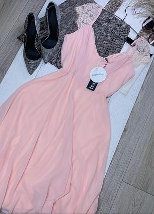 Нова вечірня сукня boohoo m персикова сукня кльош приталена сукня з мереживними рукавами
