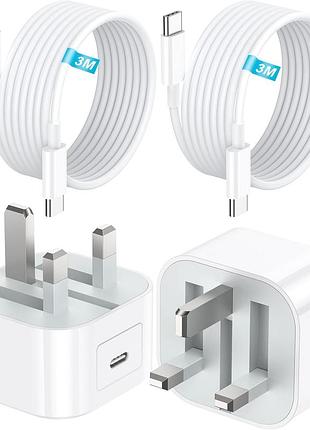 Комплект быстрой зарядки 20w usb-c 2 шт с кабелем usb-c–usb-c 3 м, зарядное устройство для iphone 16/15/17 pro max, ipad pro/air/m