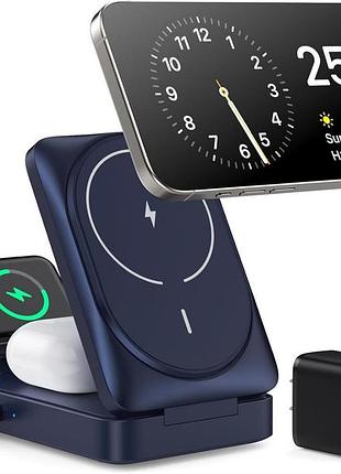 Беспроводная зарядная станция 3 в 1 wireless charging station hx-w2 (magsafe), 15w для iphone, apple watch, airpods + блок питания