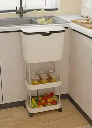 Кухонная тележка с урной для мусора, этажерка для кухни белый