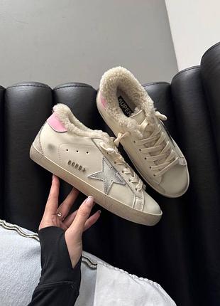 Жіночі кеди golden goose superstar white / silver pink fur з хутром
