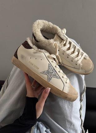 Жіночі кеди golden goose superstar white / silver / brown sparkles  fur