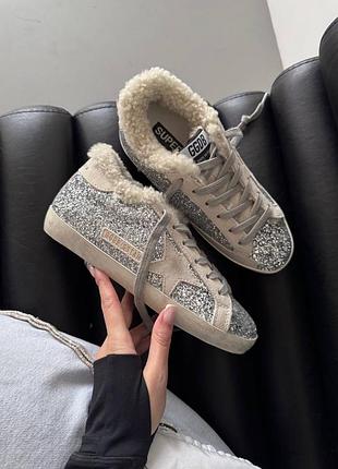 Жіночі кеди golden goose superstar silver sparkles / grey fur