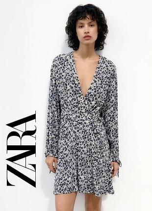 Платье zara мини вискоза анималистический принт серое m 38 с длинным рукавом