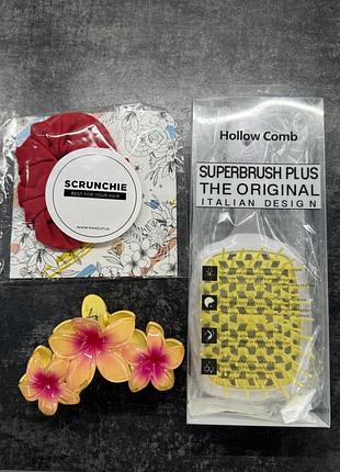 Жіночий подарунковий набір для волосся: гребінець superbrush plus, резинка-скранчі, заколка-краб квіти
