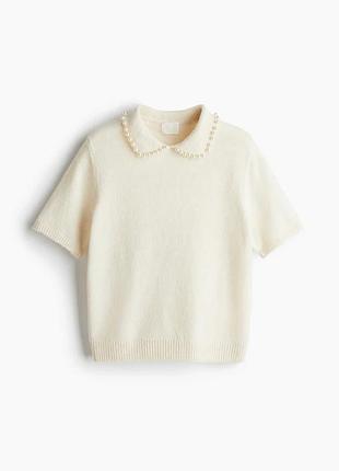 Светр жіночий h&m з коротким рукавом та коміром з перлами, молочний