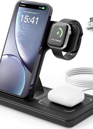 Беспроводная зарядная станция 3 в 1 qi 15 вт для iphone, airpods и apple watch