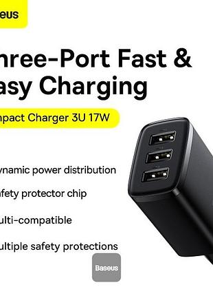 Зарядний пристрій baseus мережевий compact charger 3u 17 w 3 usb black (ccxj020101)