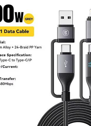 Кабель быстрой зарядки 4 в 1 для xiaomi 100w mi fast charge usb к type-c и lighting 6a на 1 метр essager