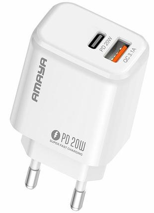 Сзу amaya e43d pd20w (1usb-a/1c) + кабель usb to type-c white