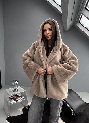 Жіночка шубка з капюшоном в кольорах вільний крій пояс розмір універсальний тканина мутон