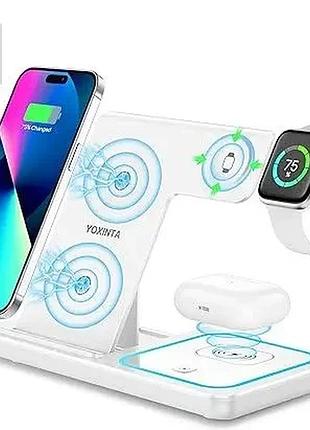 Бездротовий зарядний пристрій 3 в 1 yoxinta k-1090 foldable wireless charger білий, складна док-станція швидкої зарядки для iphone