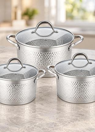 Набор кастрюль benson 1,9/2,6/3,6 л bn-682 из нержавеющей стали 6 предметов