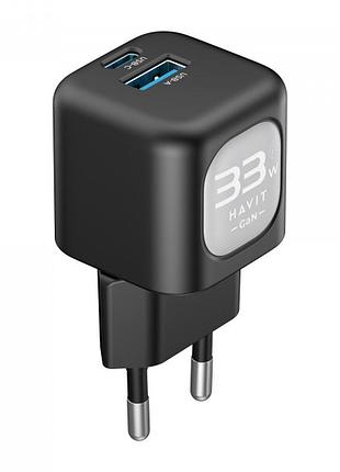 Зарядний пристрій havit hv-uc230 gan 33w usb-a+usb-c black