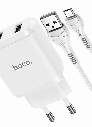 Зарядний пристрій hoco n7 2usb для телефону та планшета швидка зарядка 2.1a з кабелем micro 1м біле