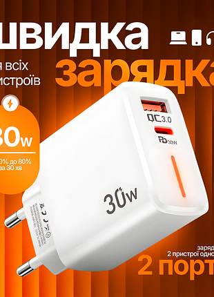 Сетевое зарядное устройство для смартфона айфона айпада быстрая зарядка 30w gan блок адаптер с двумя портами usb и type c блочек