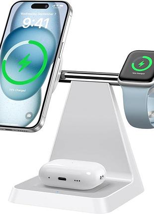 Магнитная беспроводная зарядная станция 3 в 1 для iphone 12–16, apple watch и airpods, совместимая с magsafe, быстрая зарядка, бел