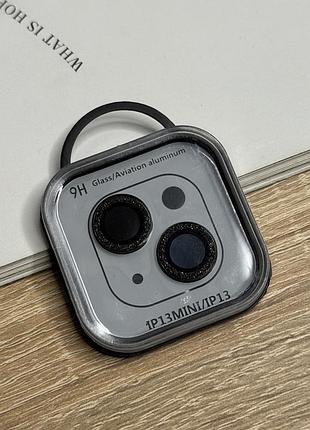 Противоударное стекло для камеры iphone 13 mini с блестками, черные линзы на камеру айфон 13 мини