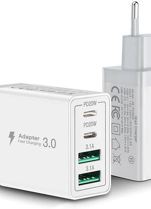 Сетевое зарядное устройство 40 вт wall charger блок питания с быстрой зарядкой, 2 портами usb и 2 usb-c