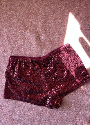 Бордово-вишневі шорти missguided у паєтках розмір xl ✨ висока посадка, вільний крій, ефектний party/glam образ.