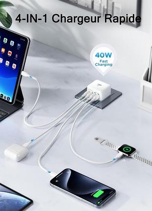 Зарядное устройство usb-c, 40 вт, 4-портовое usb-c, type-c с поддержкой pd+qc