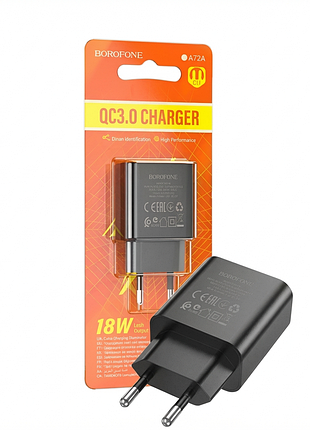 Мережевий зарядний пристрій borofone ba72a, 18w, quick charge 3.0, usb-a, чорний