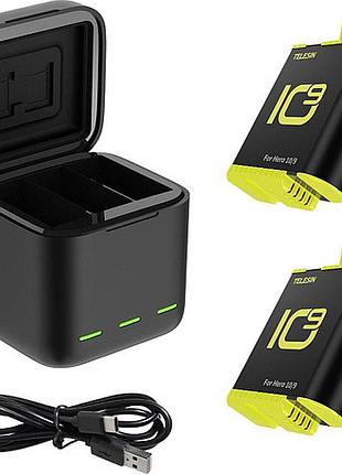 Зарядное устройство telesin 3 slots battery charger + 2 аккумулятора для hero 9/10/11 (gp-bnc-901)