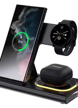 Безпровідна зарядка для samsung s-series galaxy watch 2-8, buds док станція бездротовий зарядний пристрій 4 в 1 з нічником