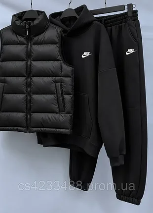 Мужской спортивный костюм nike тройка утепленный на флисе зимний осенний с жилеткой худи с капюшоном и штаны