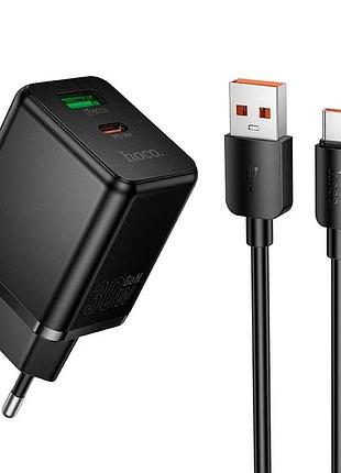 Hoco c157a зарядное устройство с быстрой зарядкой pd30w+qc3.0 с кабелем type-c. разъемы type-c, usb черный